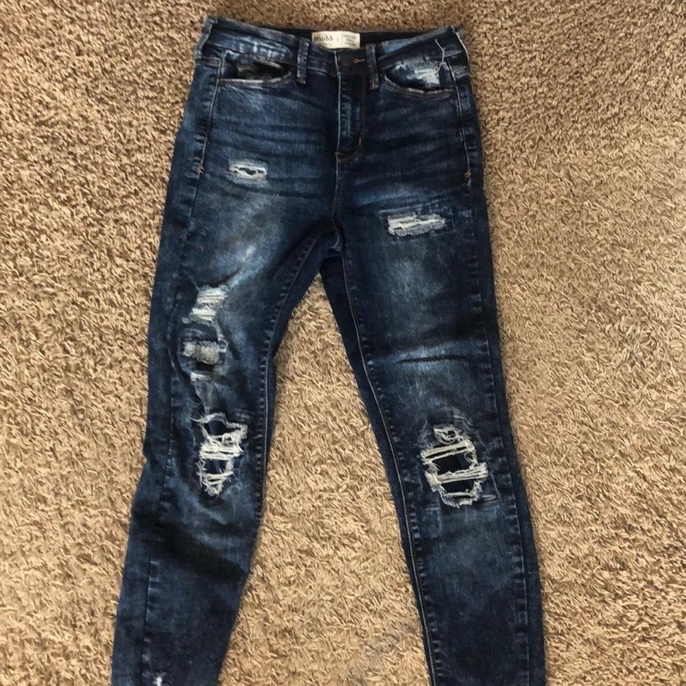 high-rise blue jeans